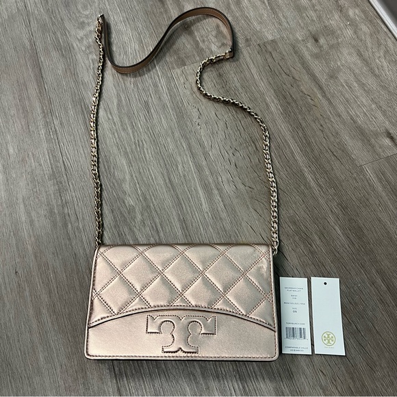 Tory Burch Savannah Chain Flat Wallet Rose Gold Crossbody Bag - Picture 2 of 11